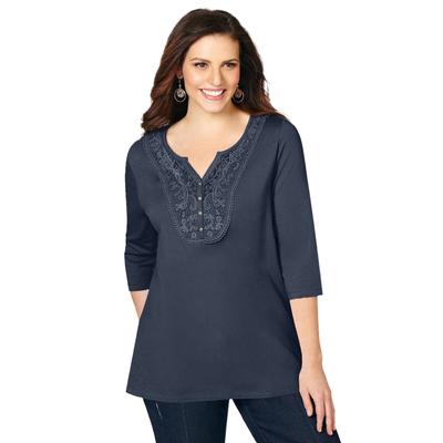 Plus Size Women's Crochet Placket Tee by Catherines in Navy (Size 6X)